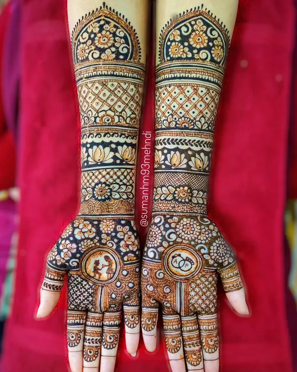 This full-hand engagement mehndi is a story in itself, featuring a custom portrait of the couple's proposal and their intertwined rings. The design combines traditional Indian motifs with personal details for a truly unique look.