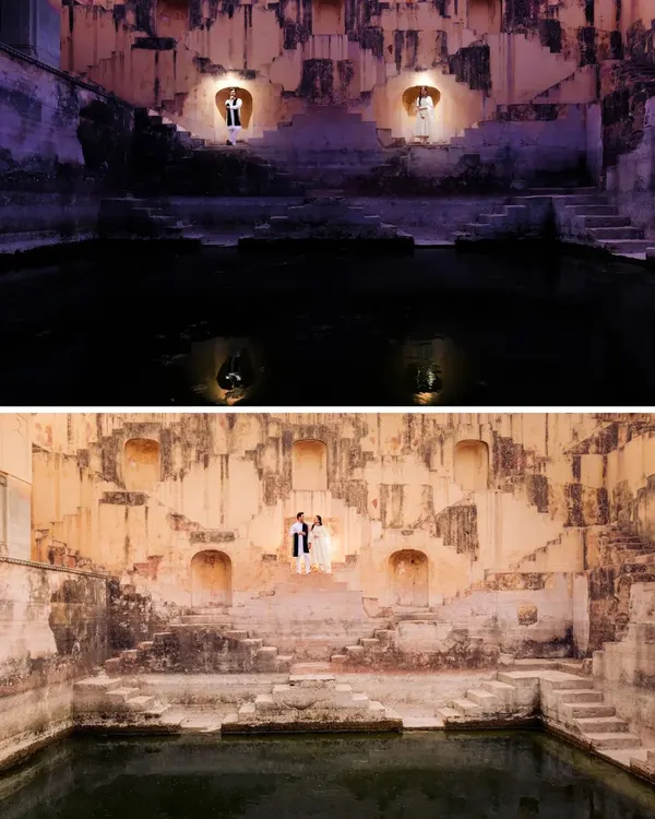 A dramatic pre-wedding shoot at a historic step-well, using creative lighting to create a sense of scale and romance. These wide and close-up shots show our ability to turn a location into a cinematic backdrop for your love story.