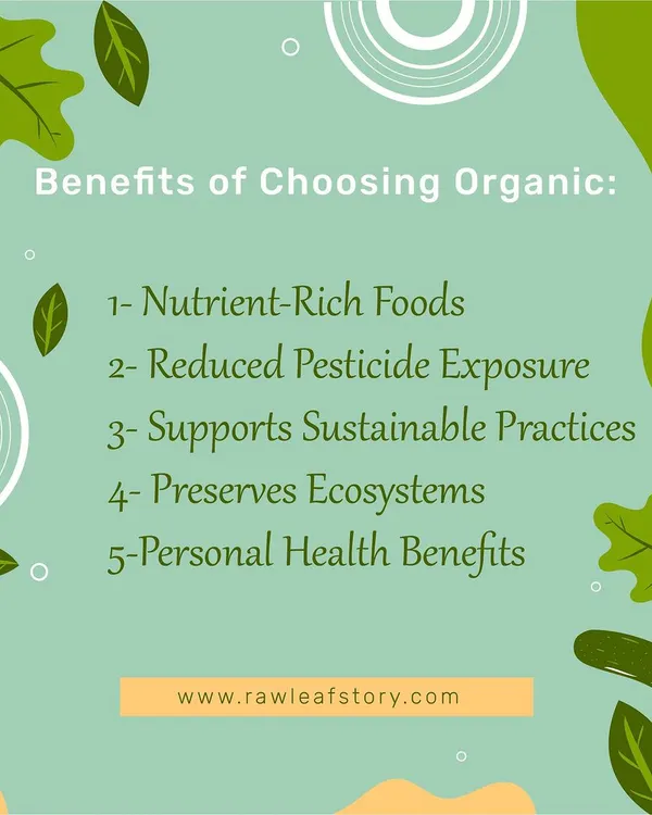 This graphic clearly lists the key benefits of choosing organic food. It leads to more nutrient-rich meals, reduces your exposure to pesticides, and supports sustainable farming practices that protect our planet.