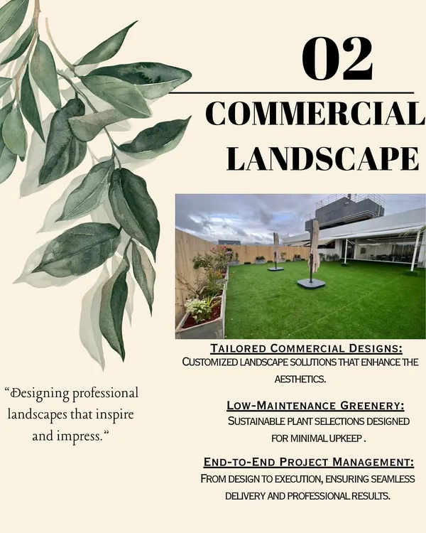 This graphic summarizes my commercial landscaping services. I focus on creating tailored designs that reflect your business, using low-maintenance greenery for sustainability, and managing the entire project from concept to completion.