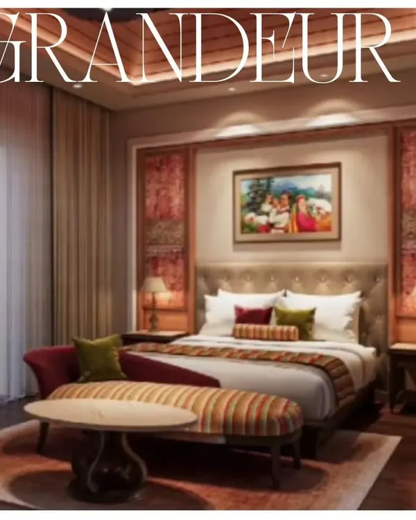 This hotel room at a Nahan resort exudes grandeur and warmth. I used rich textiles, custom wood paneling with traditional motifs, and a plush chaise lounge to create a space that feels both luxurious and deeply comfortable.