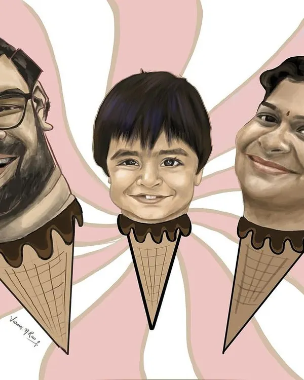 A sweet and fun family caricature where everyone is an ice cream cone. This is a great example of how we can turn a simple portrait idea into something creative and memorable for the whole family.