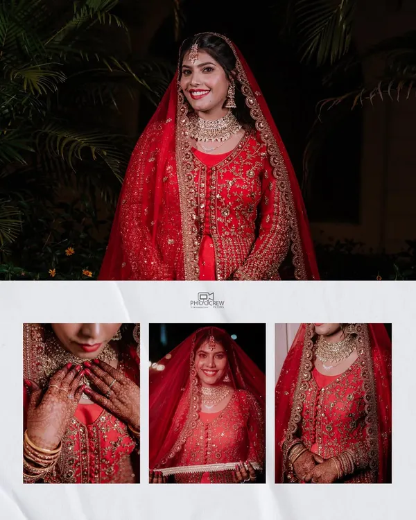 A collage of a bride in her red lehenga, combining a main portrait with smaller detail shots.