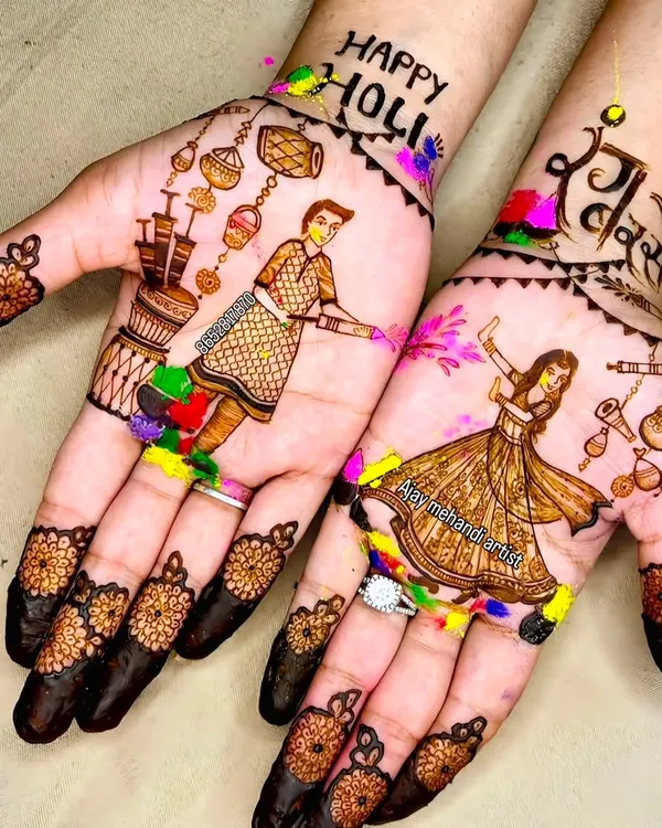 A fun and colorful design I created for Holi, with figures of a man and woman playing with colors. I can make themed designs for any festival.