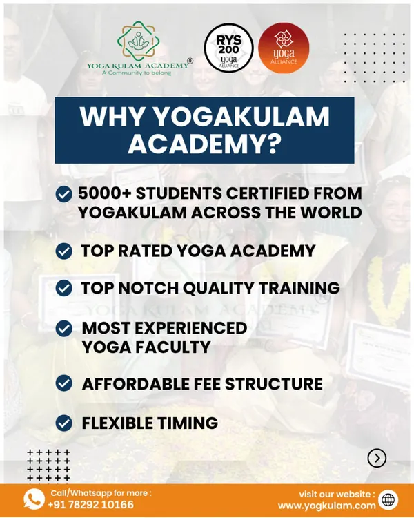 This graphic summarizes why students from all over the world trust Yogakulam. With over 5000 certified students, we are a top-rated academy known for quality training, experienced faculty, and flexible timings, all at an affordable fee structure.