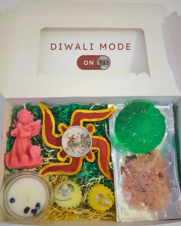 This Diwali, gift more than just light. Our festive hampers are filled with handmade candles, soothing soaps, and relaxing bath salts to make the season special. This one includes an angel candle, a swastika, and other festive treats.