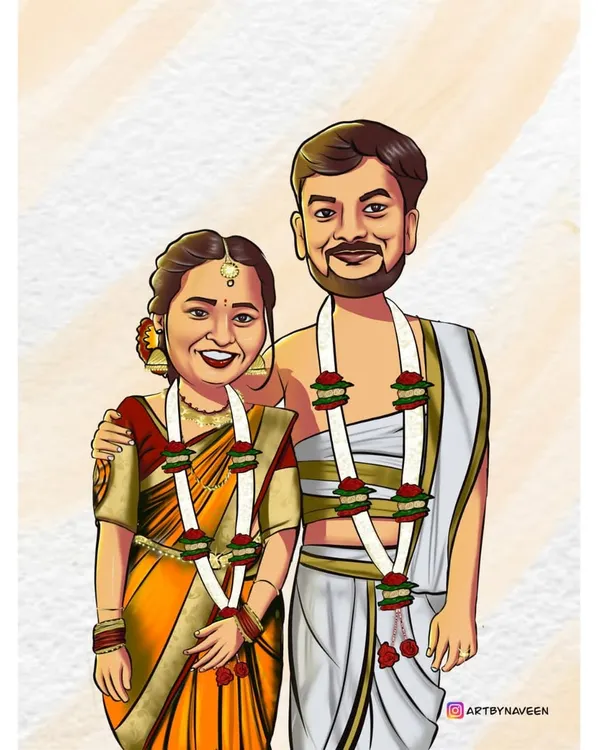 I love creating wedding caricatures that celebrate traditional ceremonies. For this piece, I focused on getting the details just right, from the texture of the silk saree and veshti to the delicate flower garlands.