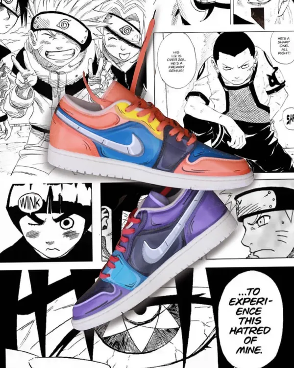 For all the anime fans, this one was a blast. I designed this pair of custom Nike Jordans with a split Naruto and Sasuke theme, bringing the iconic manga panels to life with vibrant colors.