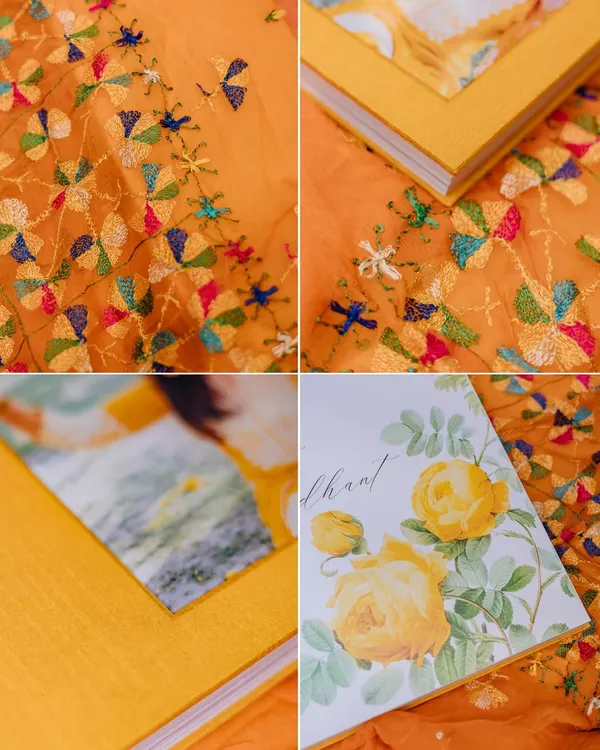 A collage showcasing the craftsmanship of a luxury wedding album, with its custom floral illustrations and fine fabric cover.
