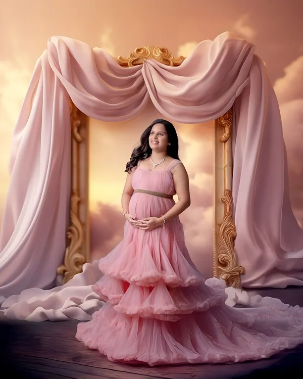 A fairytale-inspired creative portrait. This image combines a beautiful pink gown with a digitally created backdrop of clouds and elegant drapery for a truly magical effect.