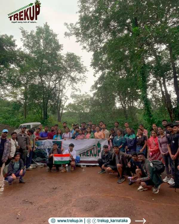 Our Independence Day adventure group posing with the Trekup banner and the Indian flag. A great turnout for a memorable trek.