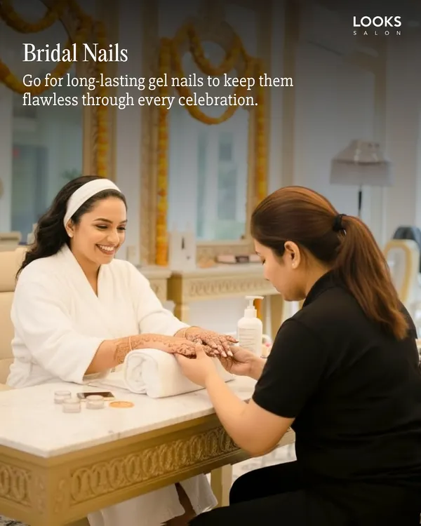 For brides, I always recommend long-lasting gel nails. This ensures your manicure remains flawless through every ceremony and celebration, as seen on this happy bride-to-be during her pre-wedding pampering.