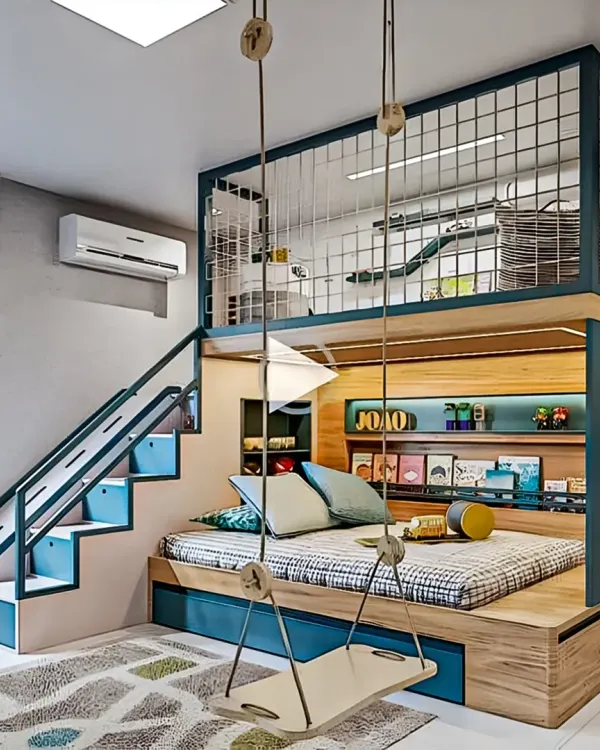 This is one of my favorite kids' room projects. It features a custom-built loft bed with a safe play area on top, a cozy bed nook below, and an indoor swing for endless fun.