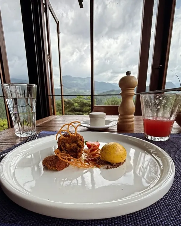 The food, the quiet, the care. This beautifully plated meal with a view of the Sri Lankan hills captures the intentional, gentle, and healing nature of our retreats at Santani Wellness.