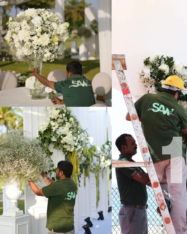 A collage celebrating a decade of our work, showing our dedicated team in action. From arranging centerpieces to climbing ladders for large-scale installations, their passion and hard work are the foundation of our artistry.