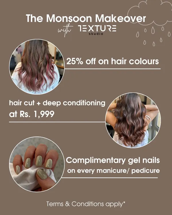 Our Monsoon Makeover offer is here. This graphic details our special weekend deals on hair color, cuts, and nails to help you glow through the rains.