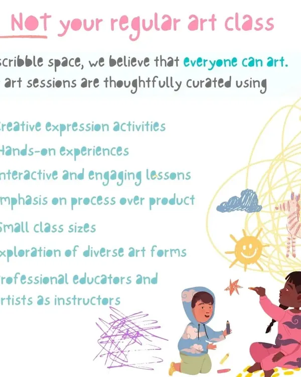 We are not your regular art class. This graphic explains what makes our sessions unique, from our emphasis on process over product to our small class sizes and professional educators. We also offer trial classes for you to experience it firsthand.