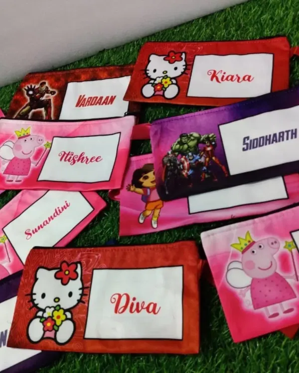 These customized cartoon pouches are a super hit for birthday return gifts. Made from soft satin material, I can print any cartoon character like Peppa Pig or Hello Kitty and add the child's name.