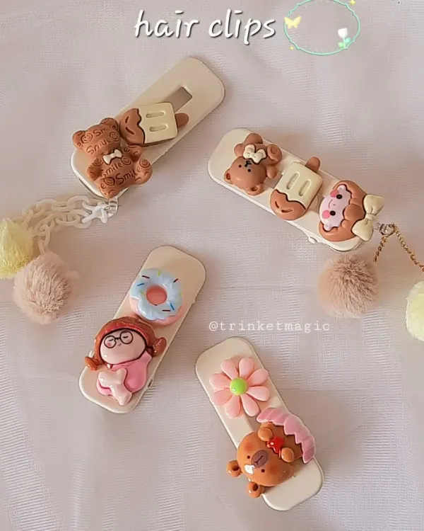 A collection of my cutest handmade hair clips, featuring teddy bears, donuts, and flowers. They are perfect for birthday return gifts, Rakhi favors, or back-to-school style.