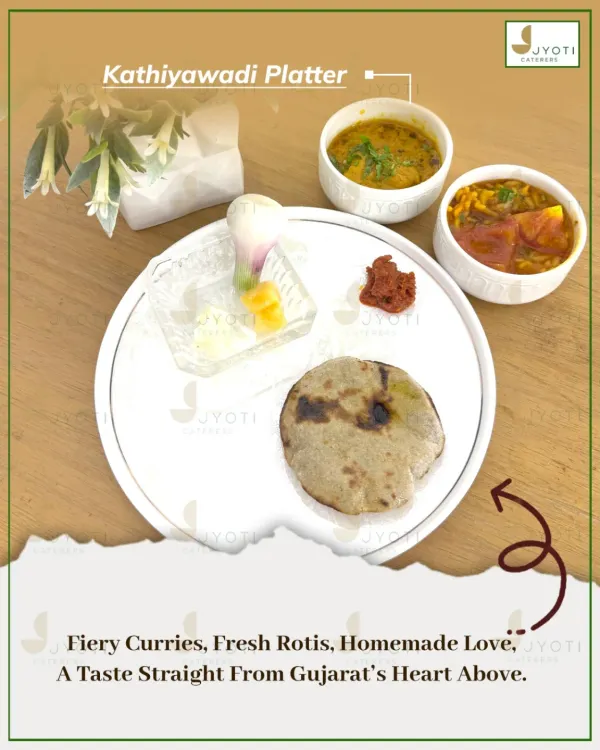 A taste of home with this traditional Kathiyawadi Platter. It features authentic Gujarati dishes like fiery curries, fresh rotis, and homemade pickles, served with love.