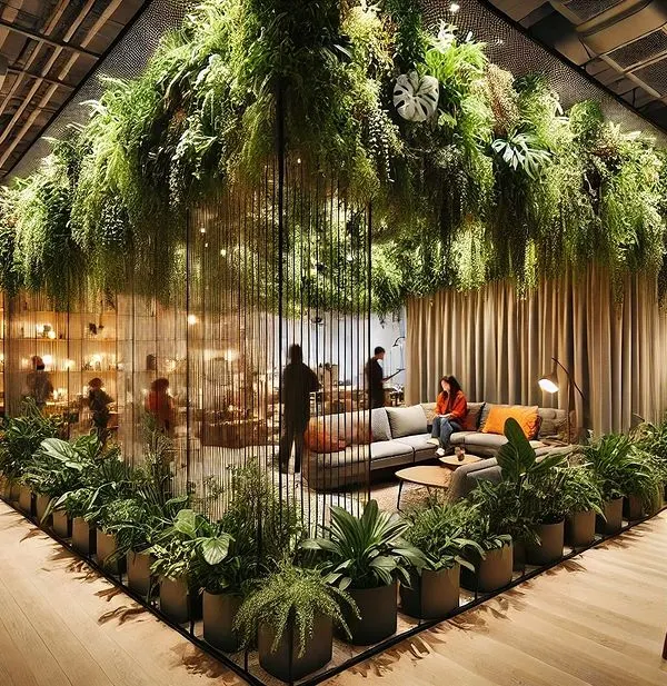 Who says an office has to be all cubicles and conference rooms? For this commercial project, we designed and installed a massive hanging plant installation that acts as a living, breathing divider, purifying the air and creating a stunning biophilic design feature.