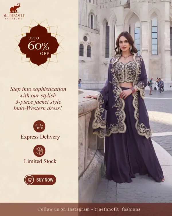 When tradition meets a little drama. This purple-pink 3-piece jacket style dress is crafted for the spotlight, with luxe embellishments that command attention at any grand celebration.