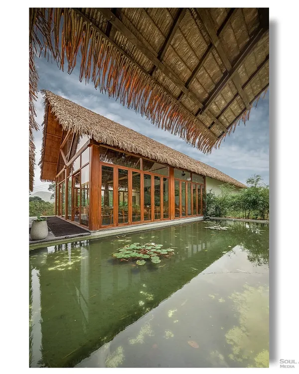 The exterior of a restaurant at Maayaa Resorts, featuring a thatched roof and glass walls, reflected in a tranquil lily pond. This image captures the resort's philosophy of blending modern architecture with natural elements.