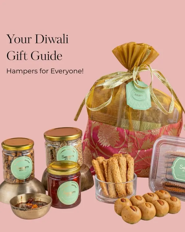 My Diwali Gift Guide features hampers for everyone. This beautiful potli bag and collection of jars and cookies is a perfect festive delight for family and friends.