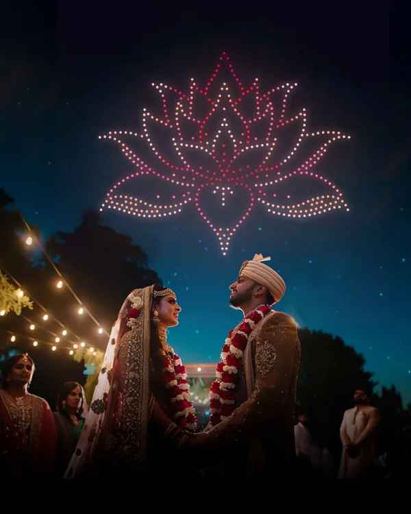For a truly unforgettable Indian wedding, I can fill the sky with culturally significant symbols like this glowing lotus flower, creating a breathtaking backdrop for your ceremony. This is more than entertainment; it's a statement piece for your special day.