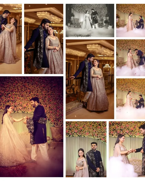 An example of a wedding album layout for an engagement, combining posed portraits, a dramatic proposal shot, and candid moments into a beautiful narrative.