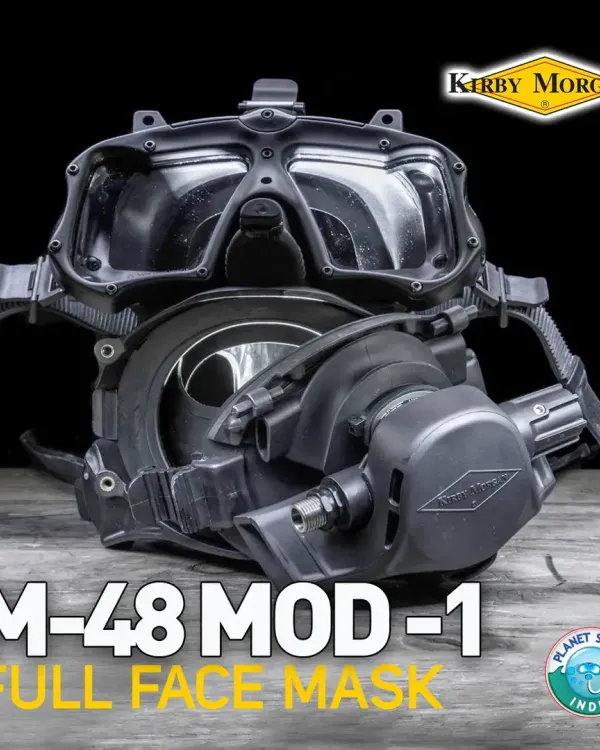 The Kirby Morgan M-48 MOD-1 is shown here with its removable pod system detached, showcasing its modularity. This feature allows divers to quickly adapt the mask for different breathing apparatuses or communication needs without tools, making it a versatile choice for professional teams.