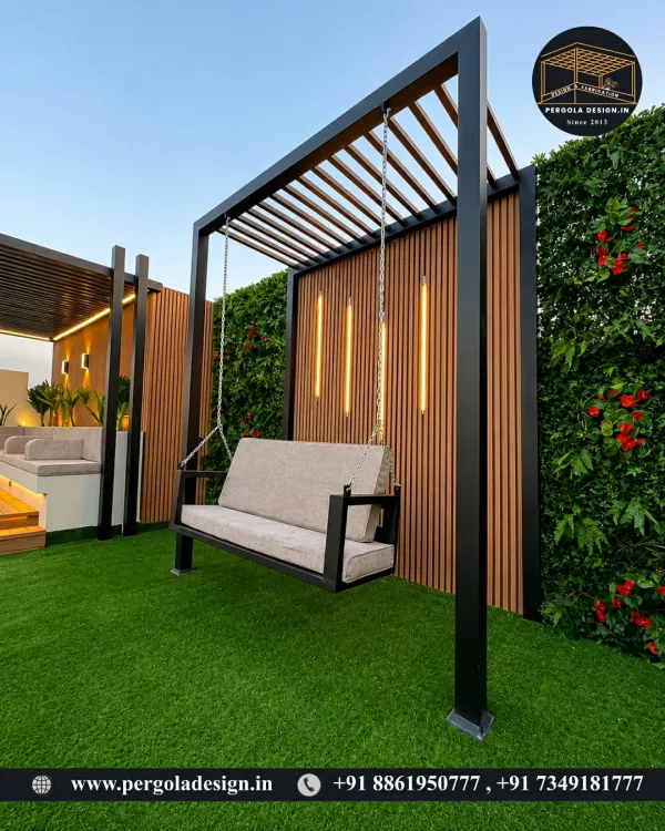 A perfect addition to any garden or terrace. This modern, freestanding pergola swing features a comfortable cushioned seat and is framed by a stylish slatted structure with integrated vertical lighting.