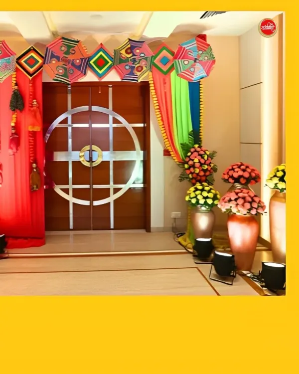 We create grand welcomes that immerse your guests in the celebration from the start. This entrance for a Haldi ceremony features colorful drapes and a valance of decorative Rajasthani umbrellas, setting a joyful and traditional tone.