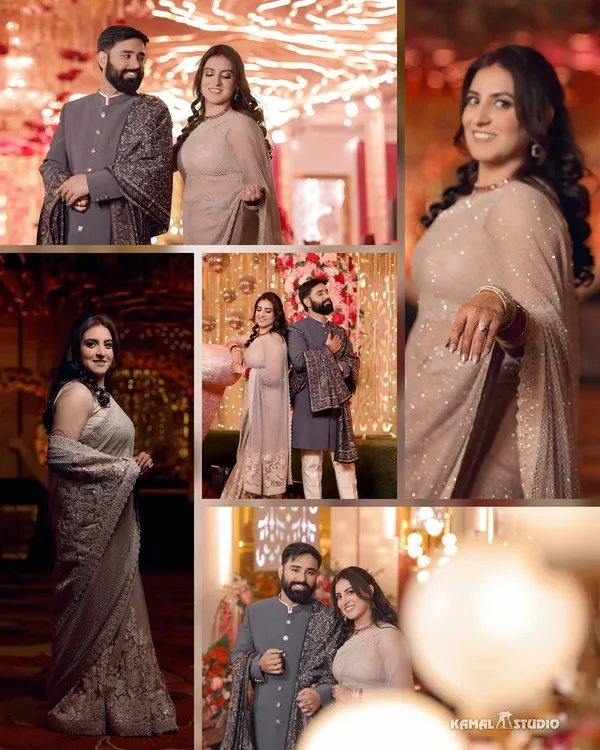 A collage from a reception, showing the couple with their elegantly dressed parents and other family members.