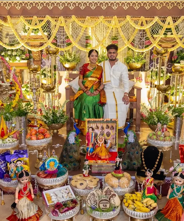 A grand and traditional Seemantham (baby shower) setup. We used intricate jasmine and marigold garlands, brass urlis, peacock figures, and a variety of offerings to create a truly authentic and blessed atmosphere.