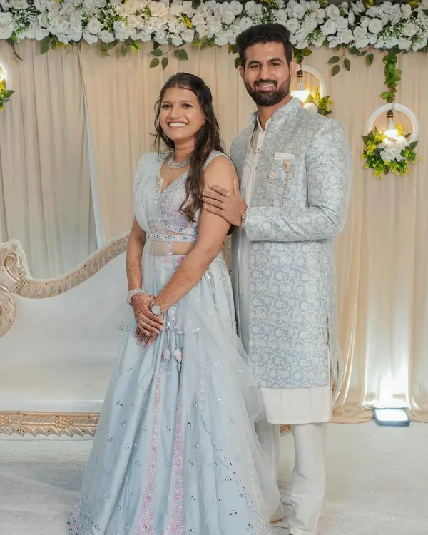 A beautiful couple on their engagement day. I created a soft glam look for the bride with a focus on glowing skin and subtle eye makeup to match her pastel blue lehenga.