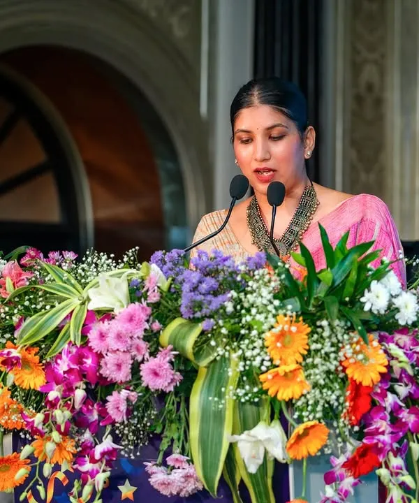 Addressing the audience from the podium at the State Bank of India event. My focus here is on delivering key messages with clarity and gravitas.