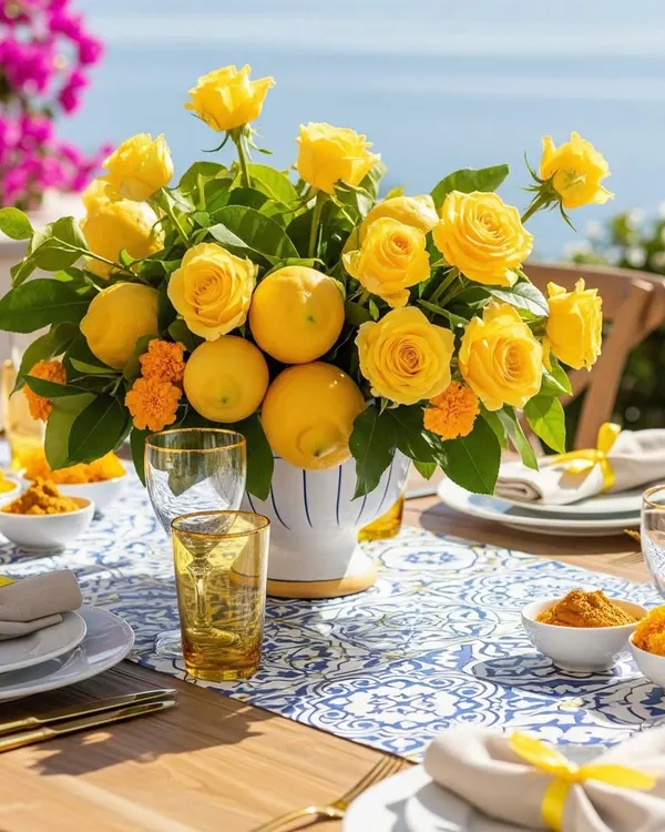 A perfect summer tablescape overlooking the water. The table features a blue and white tiled runner, a centerpiece of yellow roses and fresh lemons, and yellow glassware, perfectly capturing the Positano vibe.