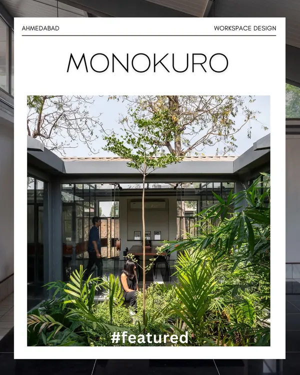 **Monokuro, Ahmedabad:** Our adaptive reuse project, 'Monokuro', was featured in multiple design magazines. We repurposed an industrial building, preserving its shell while inserting a modern workspace centered around a green courtyard.