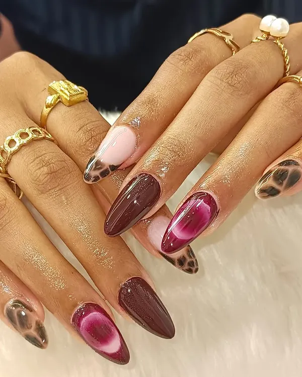 Bold, glossy, and unapologetically luxe. This set is not for the faint-hearted, featuring deep wine swirls, smoky marble, and animal print for a truly high-fashion look.