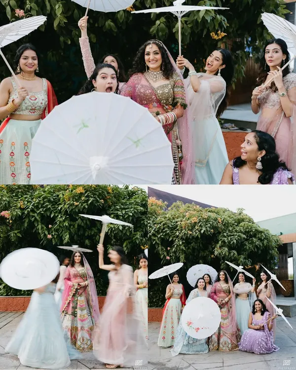 A collage of the bride having fun with her bridesmaids, posing playfully with white parasols in a garden.