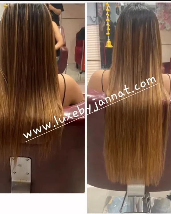 A beautiful before and after of my permanent hair extension service. We added both length and subtle highlights to create this gorgeous, sun-kissed look that blends perfectly with her natural hair.