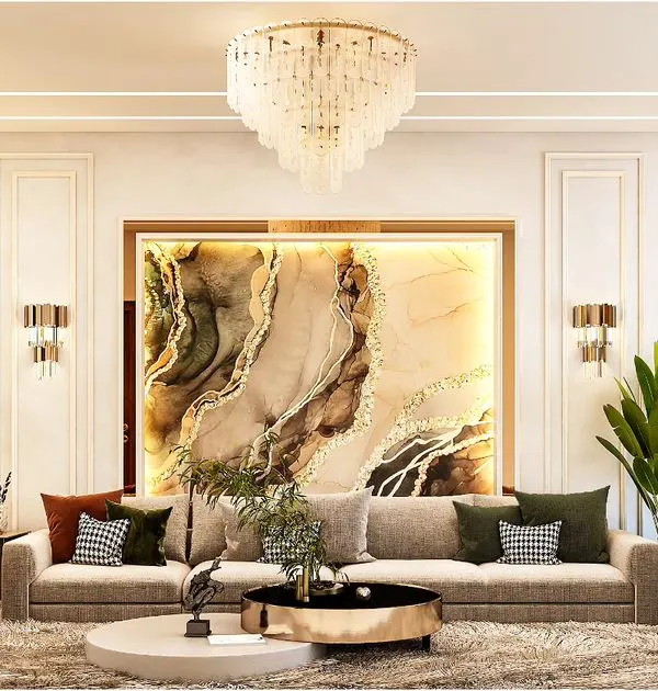 We believe the living room is the heart of your home's story. This space combines a dramatic backlit marble feature, plush seating, and a stunning crystal chandelier to create an atmosphere of pure luxury and comfort, perfect for welcoming guests or relaxing in style.