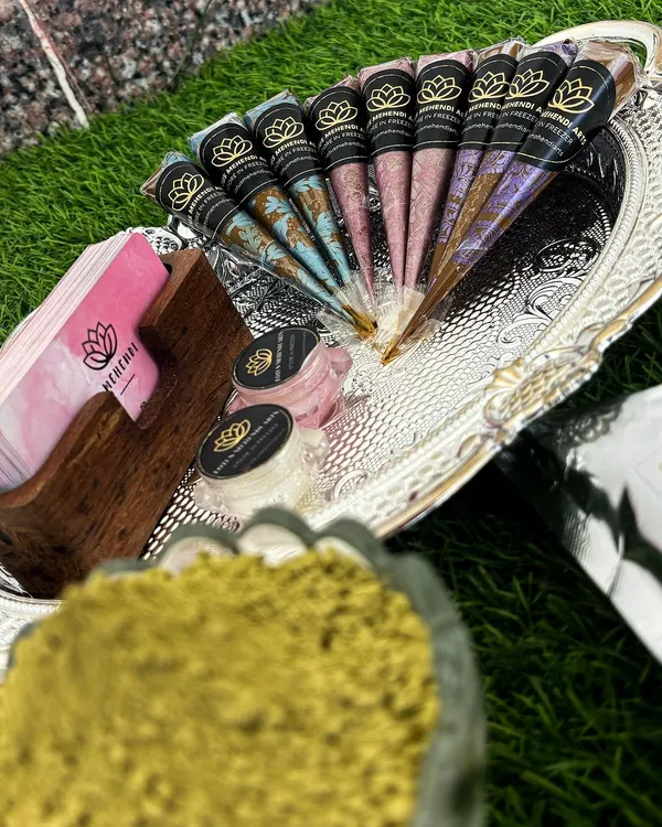 My luxury henna products are available for purchase. This includes my signature organic henna powder, aftercare balms, and freshly rolled cones, all beautifully presented.