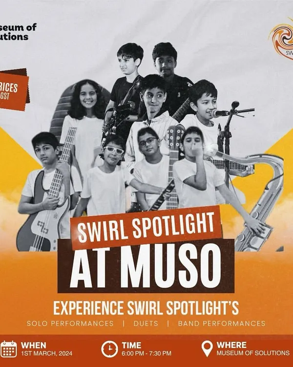 Our official poster for the Swirl Spotlight at the Museum of Solutions (MuSo). We invited everyone to experience an evening of solos, duets, and band performances.