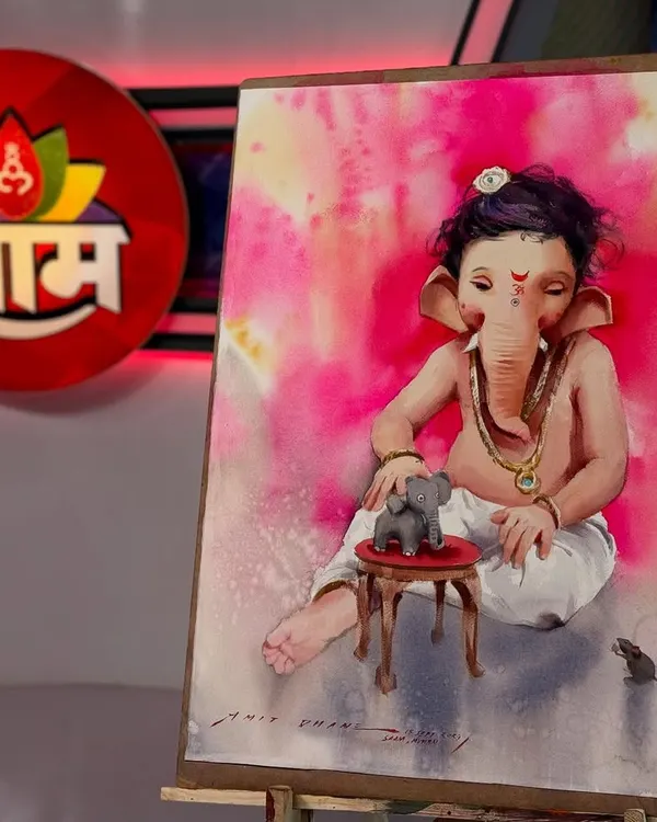 This painting of "Bal Ganesh" is very close to my heart, as the inspiration came from the playful moments of my younger son, Yuvraj. I created this watercolour piece live on Saam TV, blending my personal life with my spiritual art to celebrate the Ganesh festival.