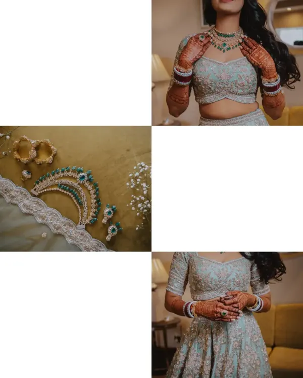 A collage dedicated to the beautiful details of the bride's ensemble. We capture the intricate jewelry, the delicate fabric, and the artistry that goes into creating the final bridal look.