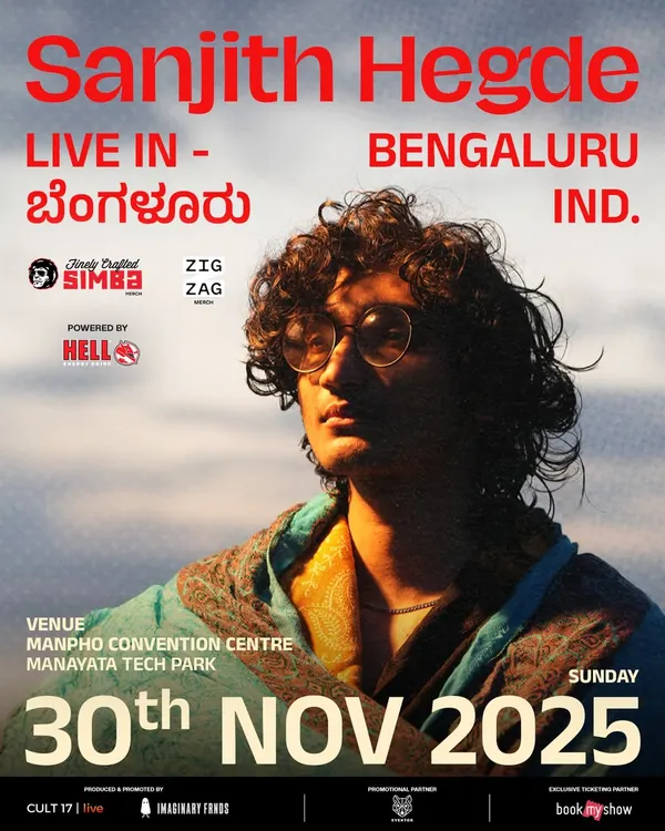 For Sanjith Hegde's major concert in Bengaluru, I secured Simba and Hell Energy as the presenting and co-powered by partners. This poster shows how I give brands top billing on all marketing materials for a sold-out show.