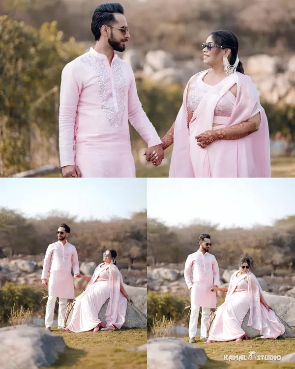 A collage of a couple's outdoor Haldi shoot, their coordinated pink outfits standing out against the natural, rocky landscape.