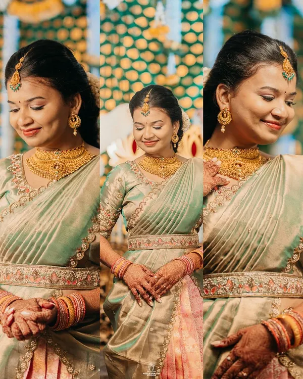 A collage of a bride's portraits from her engagement, capturing her happy and serene expressions.